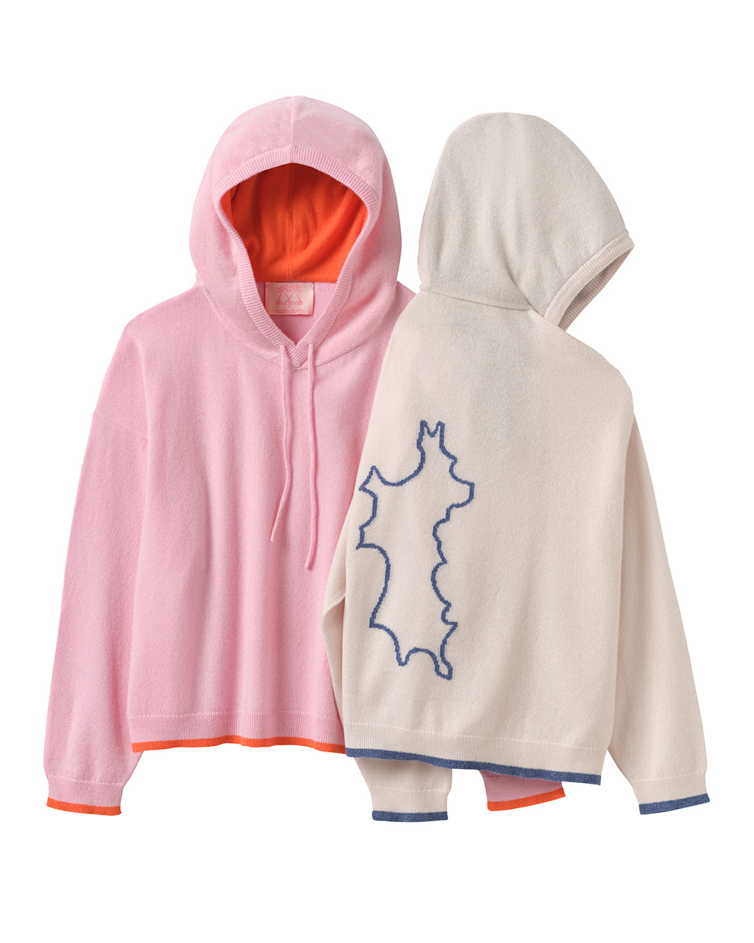 Pink House x Malin Darlin cashmere hoodies in pink/orange and beige/blue – soft luxury knitwear from exclusive island collaboration.