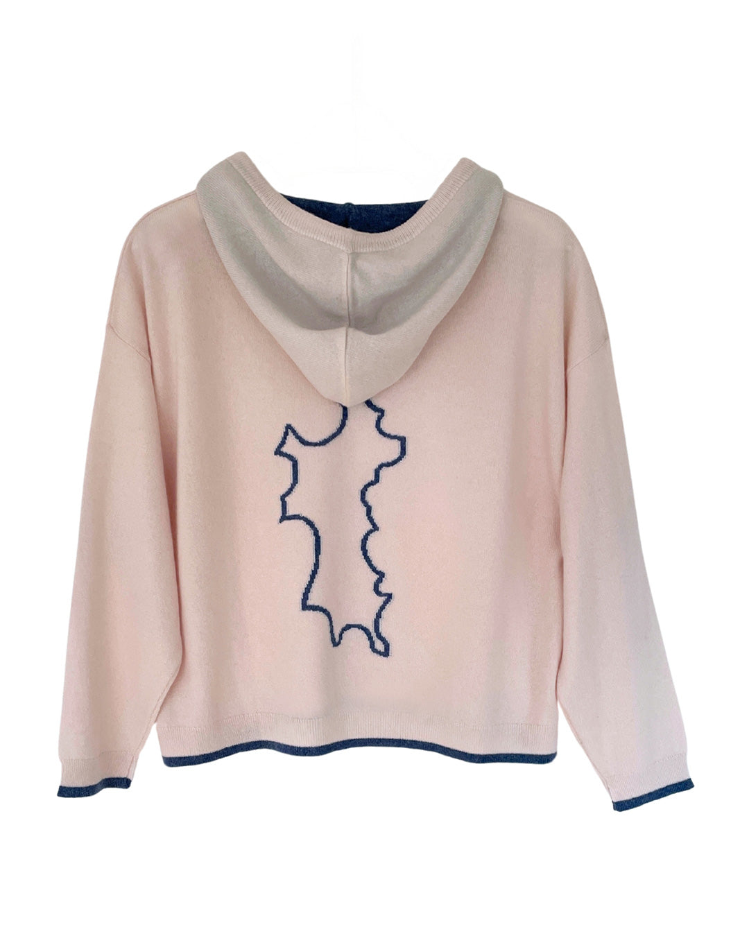 Pink House x Malin Darlin beige cashmere hoodie with denim blue Mustique island outline – luxury knitwear with island-inspired detail.