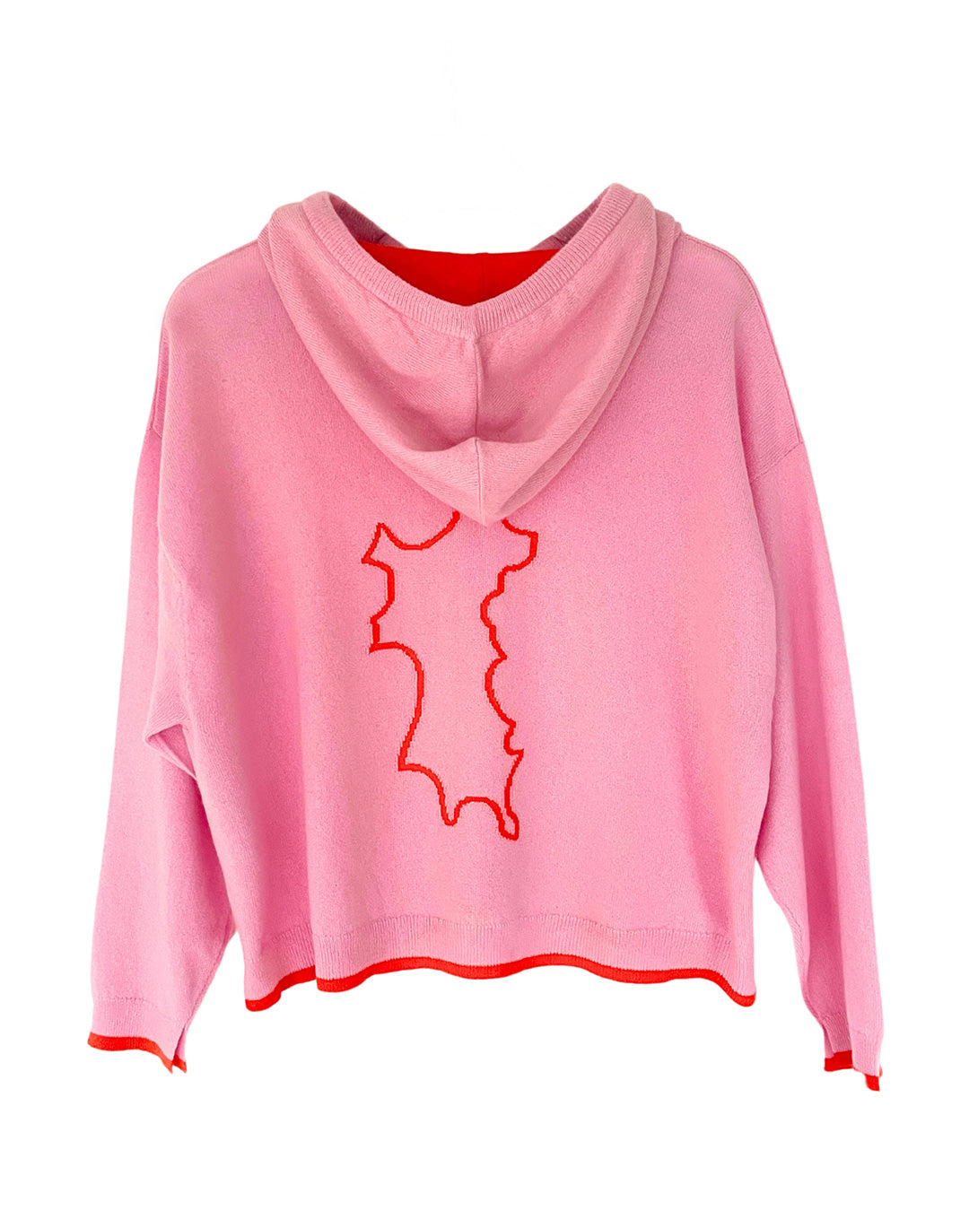 Pink House x Malin Darlin pink cashmere hoodie with orange Mustique island outline – soft luxury knitwear inspired by island living.