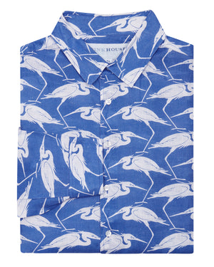 Mens Linen Shirt Blue Egret print by designer Lotty B Mustique