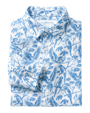 Men's linen shirt in blue Parrot print designer Lotty B Mustique