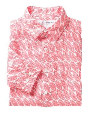 Men's linen shirt in pink Striped Shell print designer Lotty B Mustique