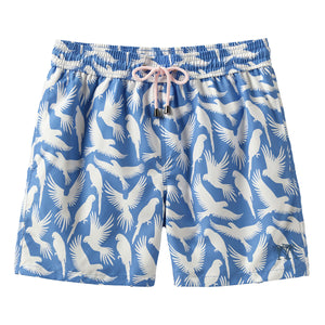 Men's swim shorts in blue Parrot print by designer Lotty B