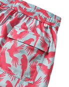 Back pocket detail of men's swim shorts in coral and turquoise blue Parrot print, recycled fabric by Pink House