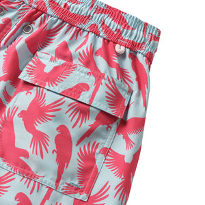 Men's swim shorts back pocket detail in turquoise blue and coral red Parrot print by designer Lotty B