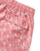 Back pocket detail of men's swim shorts in pink Striped Shell print, recycled fabric by Pink House