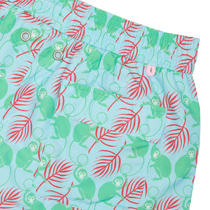 Mens swim shorts: MONKEY and PALMS - GREEN/PINK