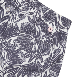 Quality mens swim shorts in navy blue floral Protea print