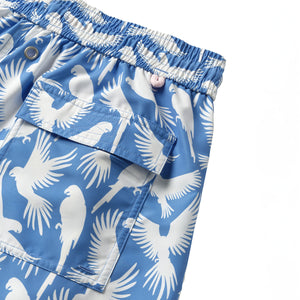 Men's swim shorts back pocket detail in blue Parrot print by designer Lotty B