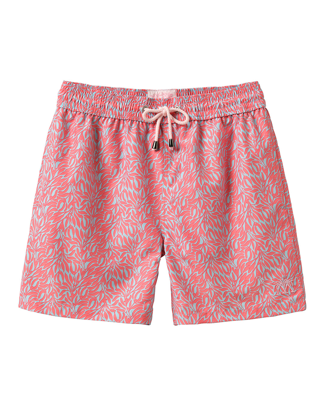 Men's recycled swim shorts in coral red and pale blue Sealeaf print by Pink House