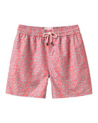 Men's recycled swim shorts in coral red and pale blue Sealeaf print by Pink House