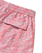 Men's eco swim shorts back pocket detail in coral red and blue Sealeaf print from Pink House