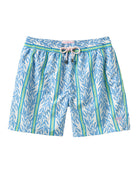 Men's recycled swim shorts in blue Sealeaf print with green stripes by Pink House