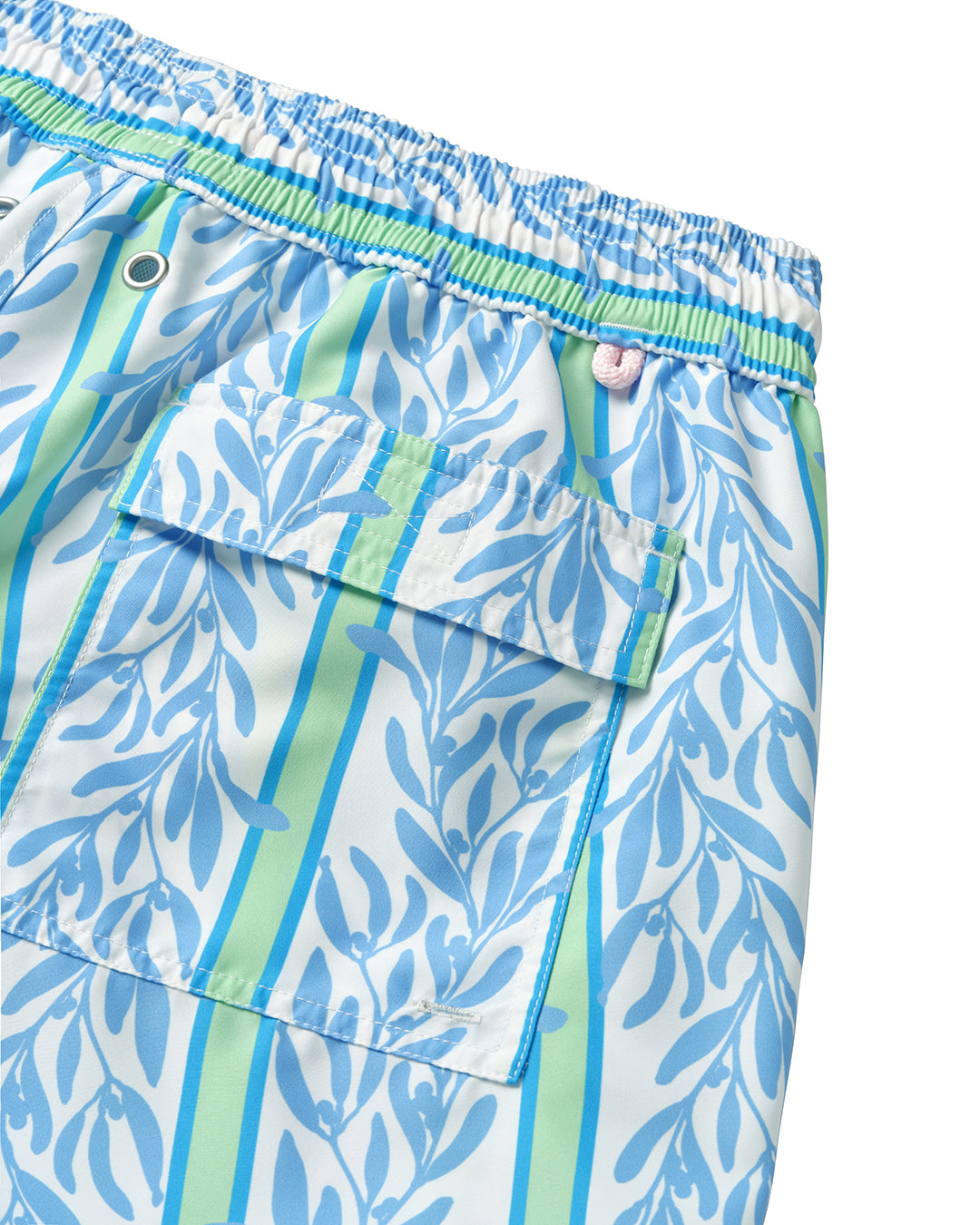 Men's eco swim shorts back pocket detail in blue Sealeaf print with green stripes from Pink House