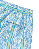 Men's eco swim shorts back pocket detail in blue Sealeaf print with green stripes from Pink House