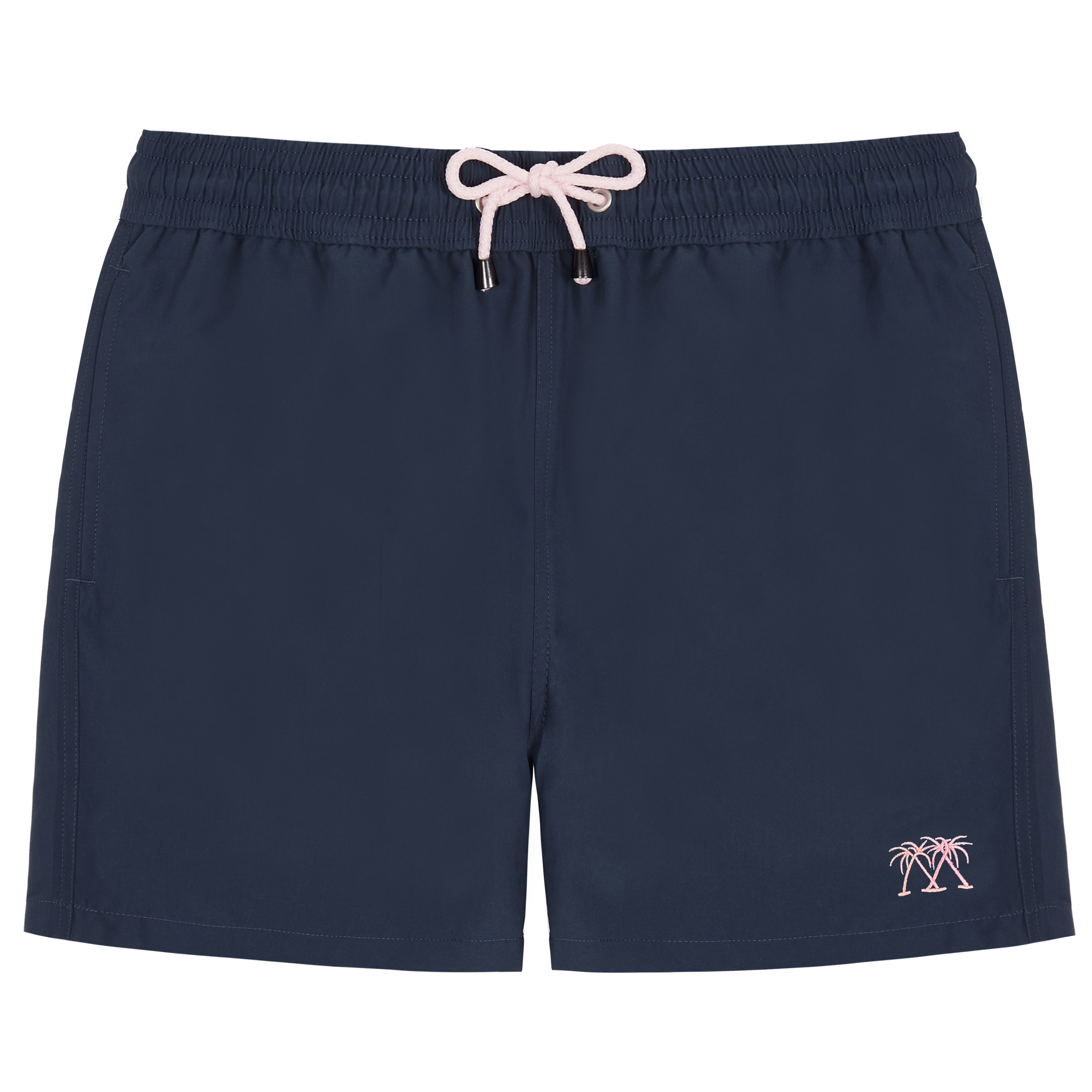 Close-up of navy blue swim trunks shorts with a pocket and button on a white background