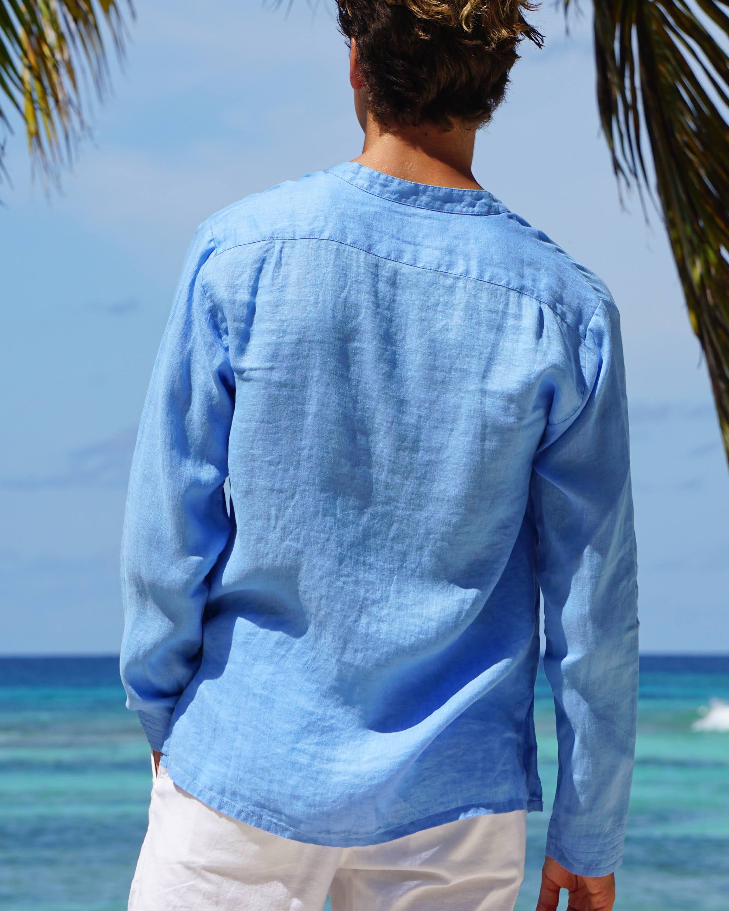 Back detail collarless linen shirt by designer Lotty B Mustique for Pink House