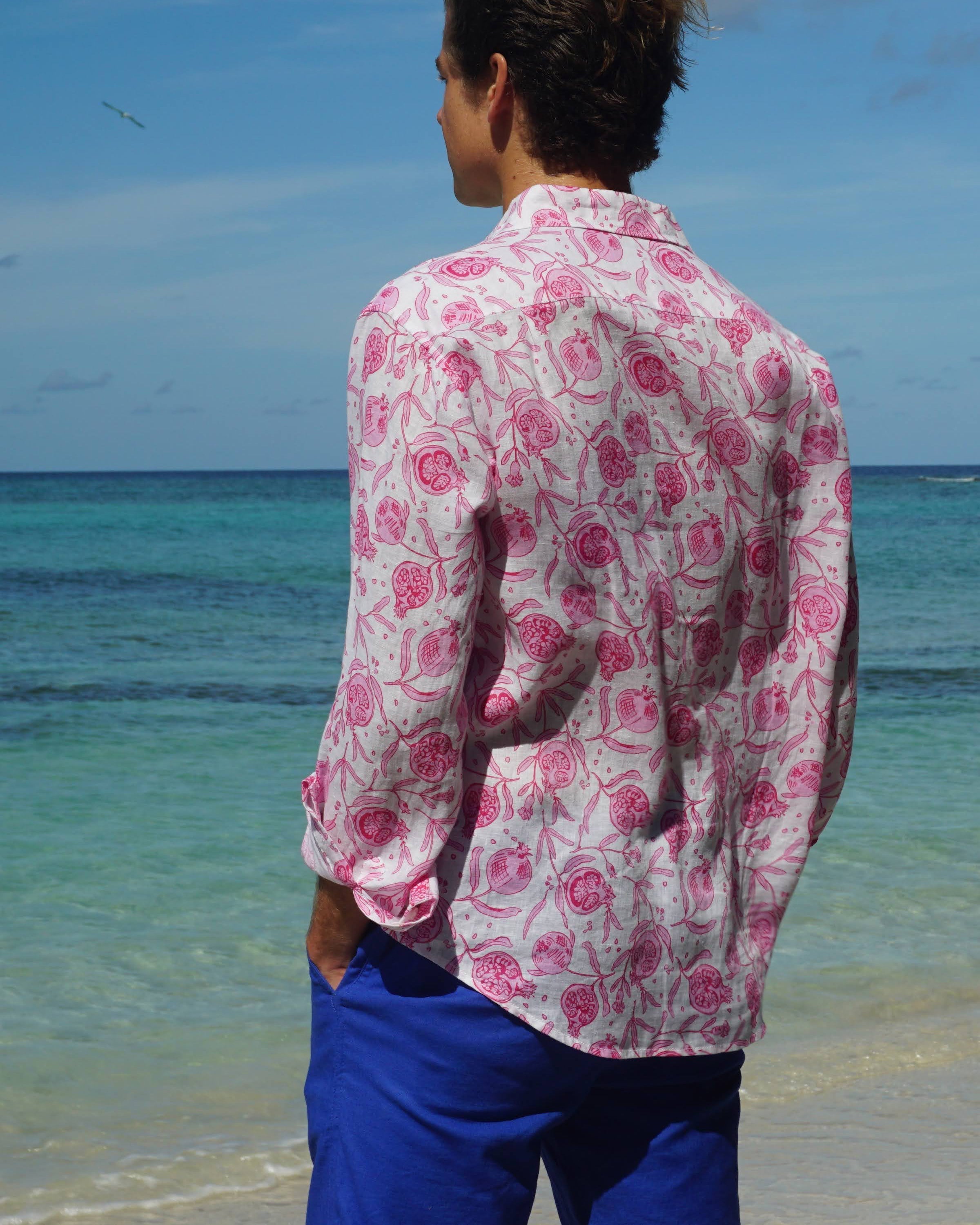 Beach vacation style mens linen shirt in Pomegranate pink print by designer Lotty B