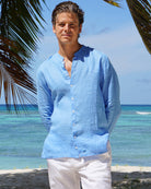 Blue Nehru collar linen shirt by designer Lotty B Mustique for Pink House