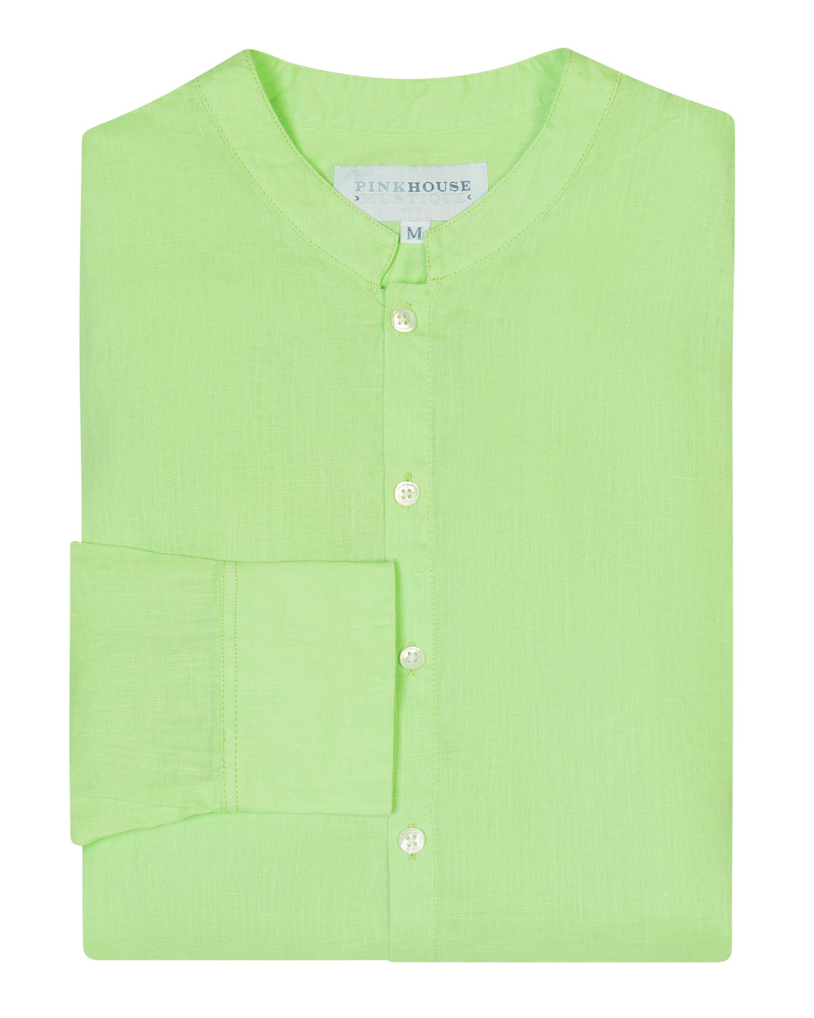 Mens Collarless Linen Shirt : Pistachio Green. Designer Lotty B for Pink House Mustique