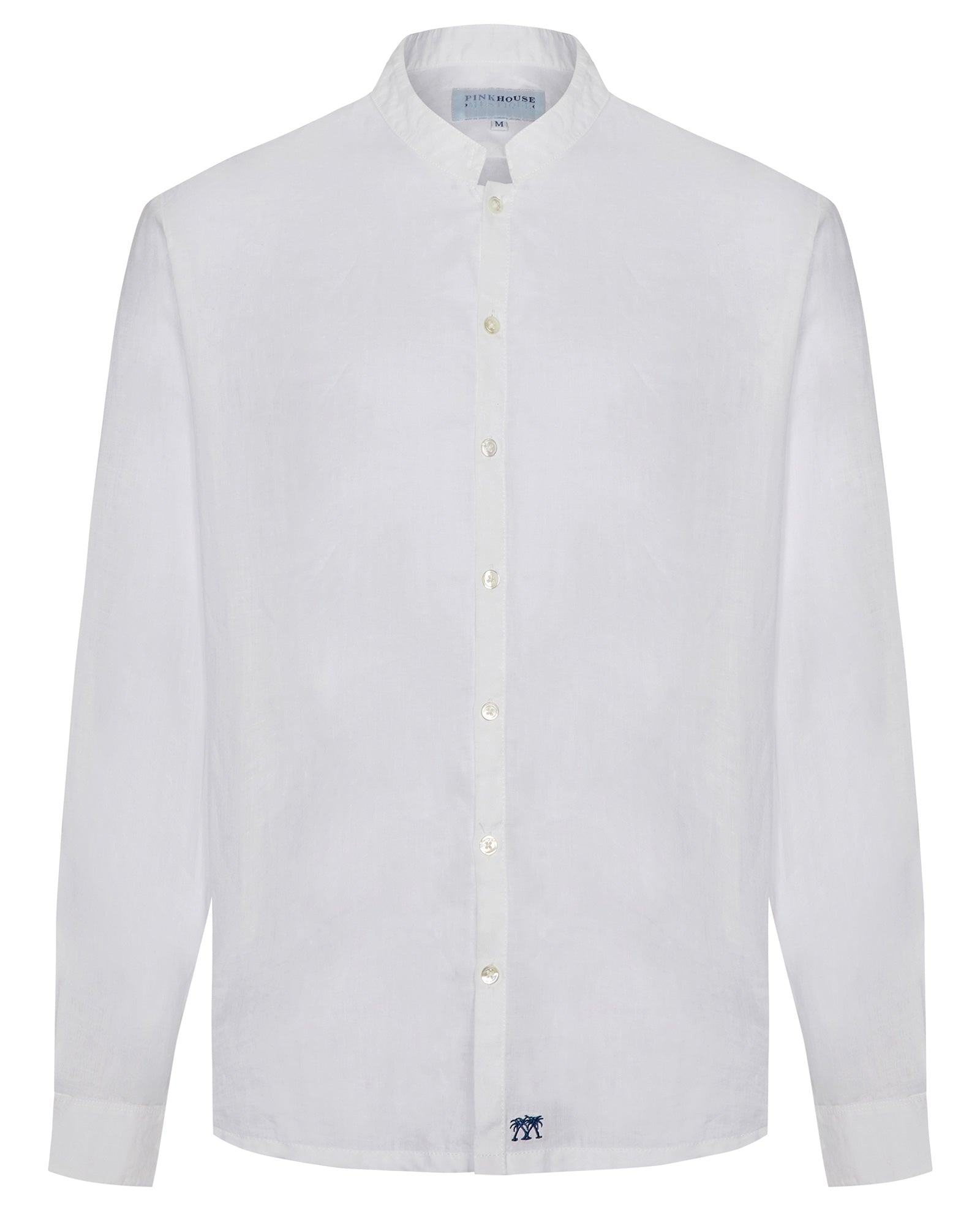 Long Sleeved Mens collarless white linen Shirt by designer Lotty B Mustique for Pink House