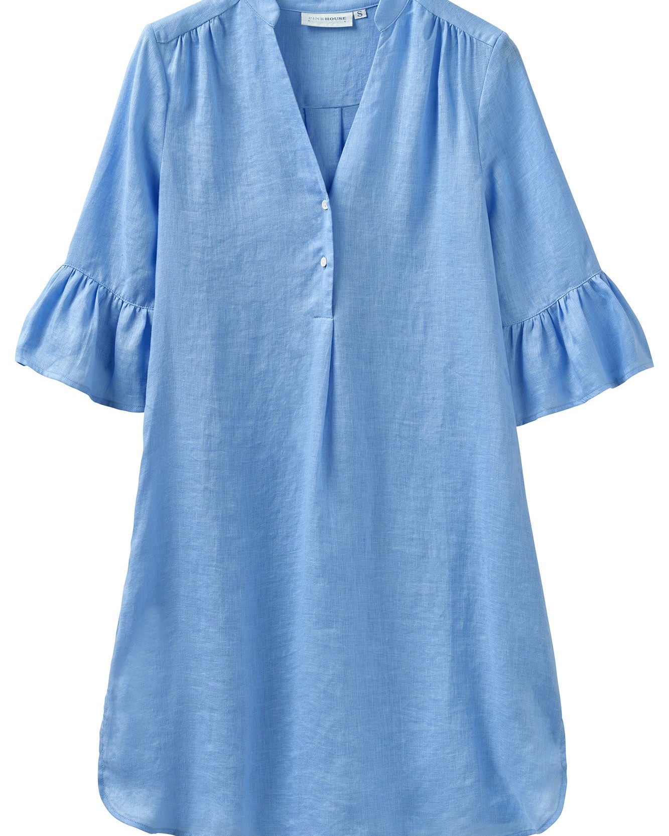 Womens pure linen Decima dress with gathered sleeves in plain French blue