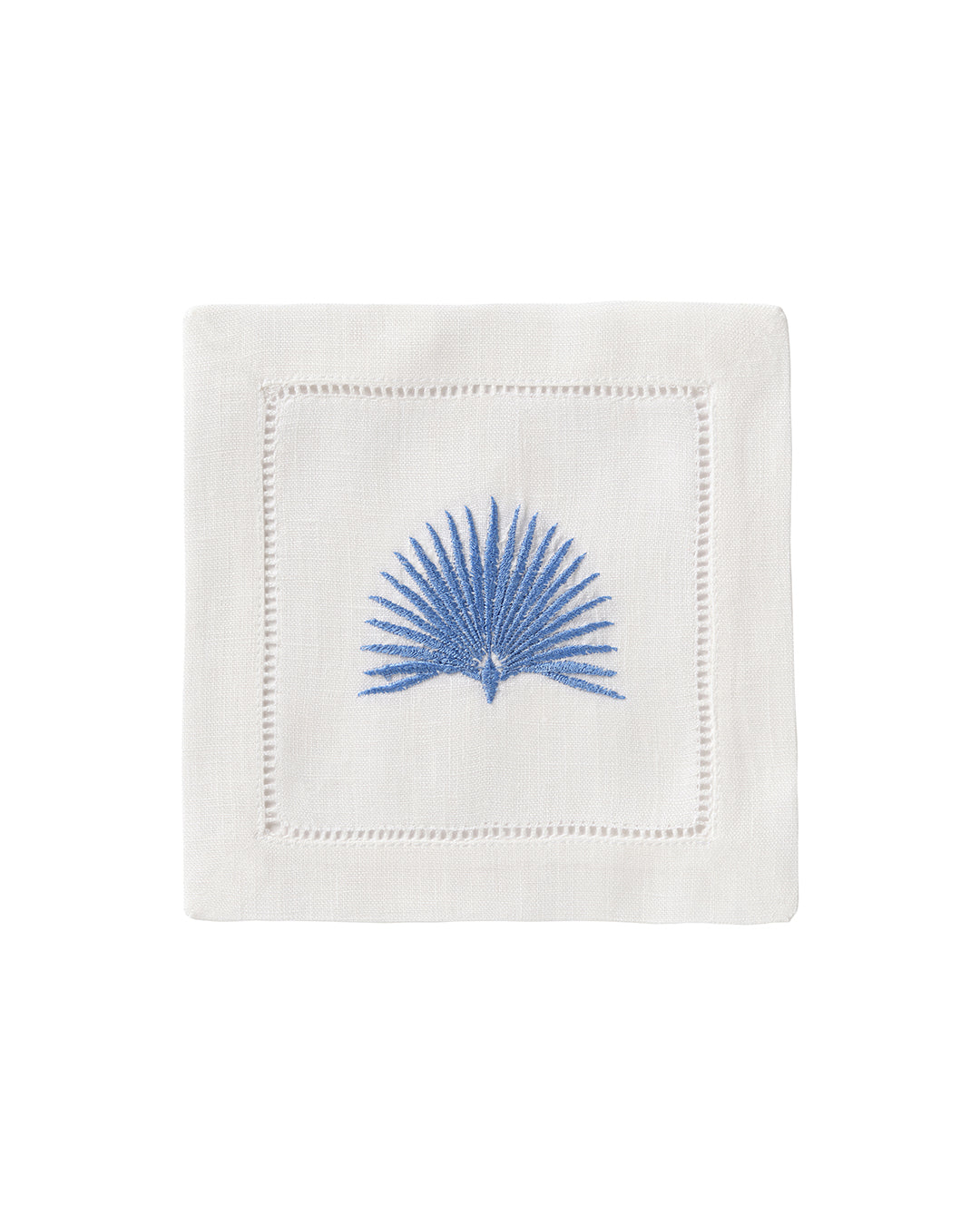 Pure linen cocktail napkin with azure blue embroidered fan palm design