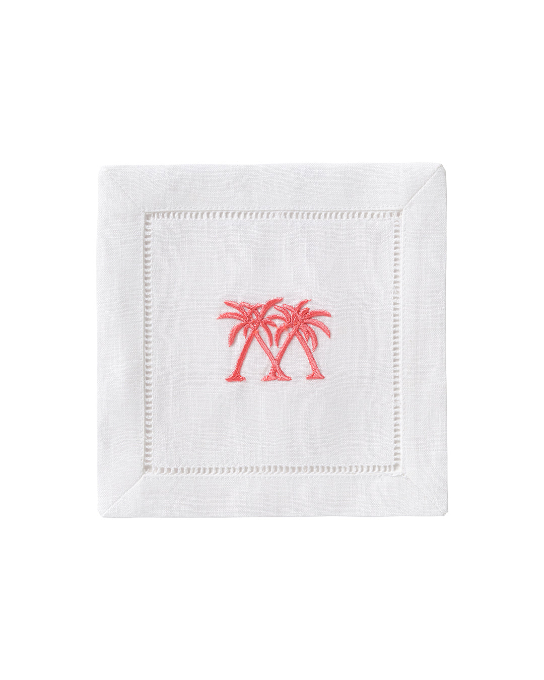 White linen cocktail napkin with coral pink embroidered palms – pure linen island decor