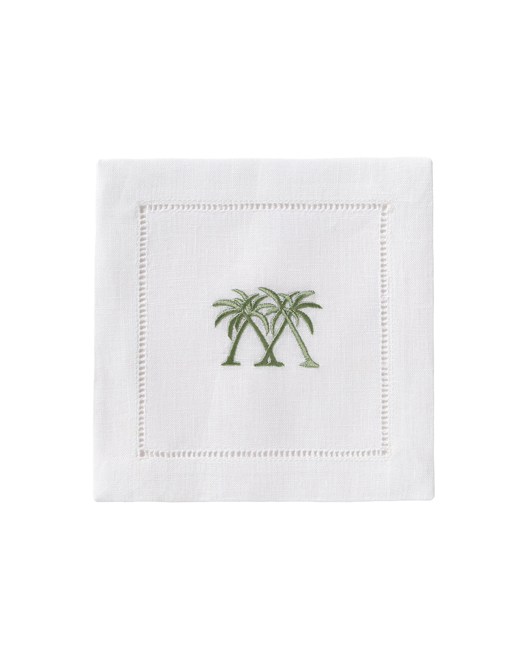 White linen cocktail napkin with green embroidered crossed palms – luxury tropical napkin