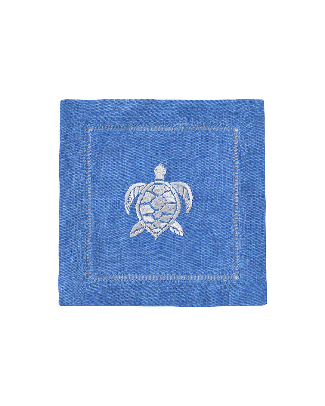 Blue linen cocktail napkin with white embroidered turtle – eco island-style pure linen napkin