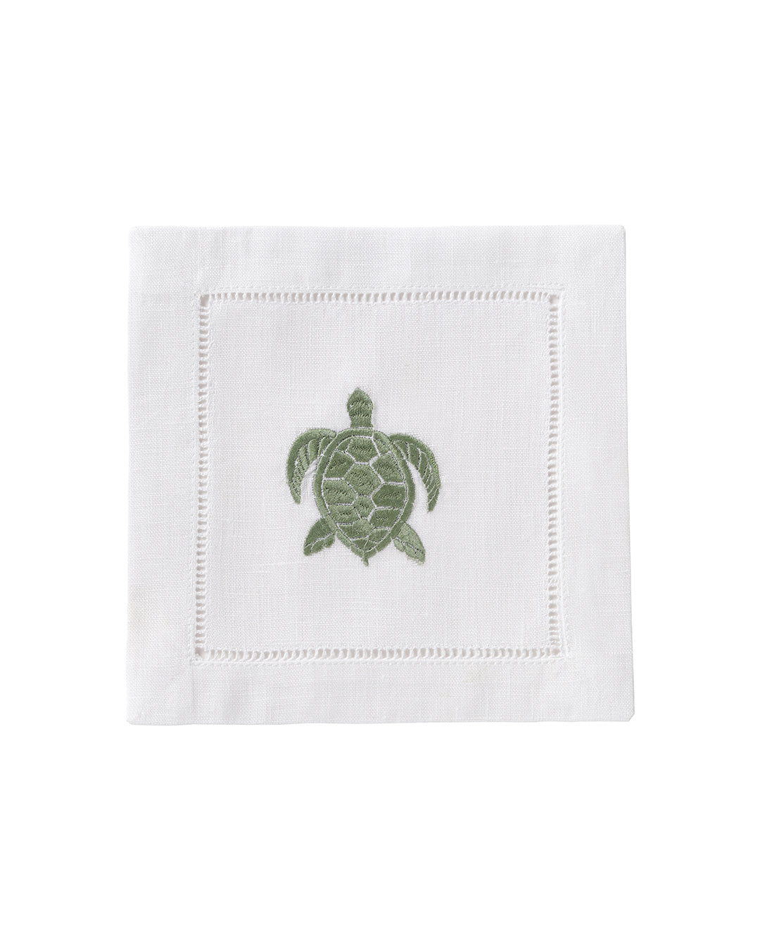 White linen cocktail napkin with green embroidered turtle – tropical sea life linen napkin