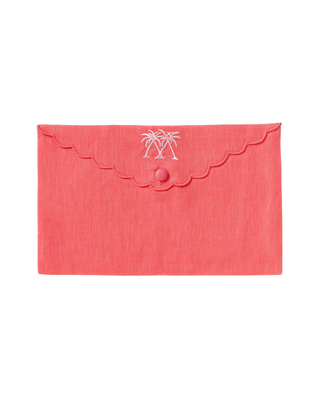 Pure linen envelope gift bag with crossed palms embroidery in white embroidery on Coral pink linen