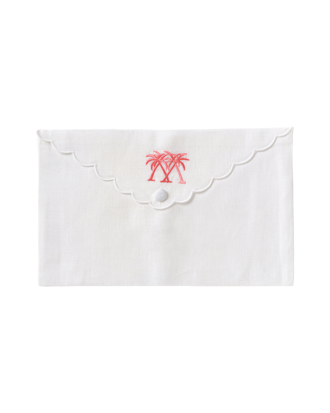 Pure linen envelope gift bag with crossed palms embroidery in coral pink embroidery on White linen