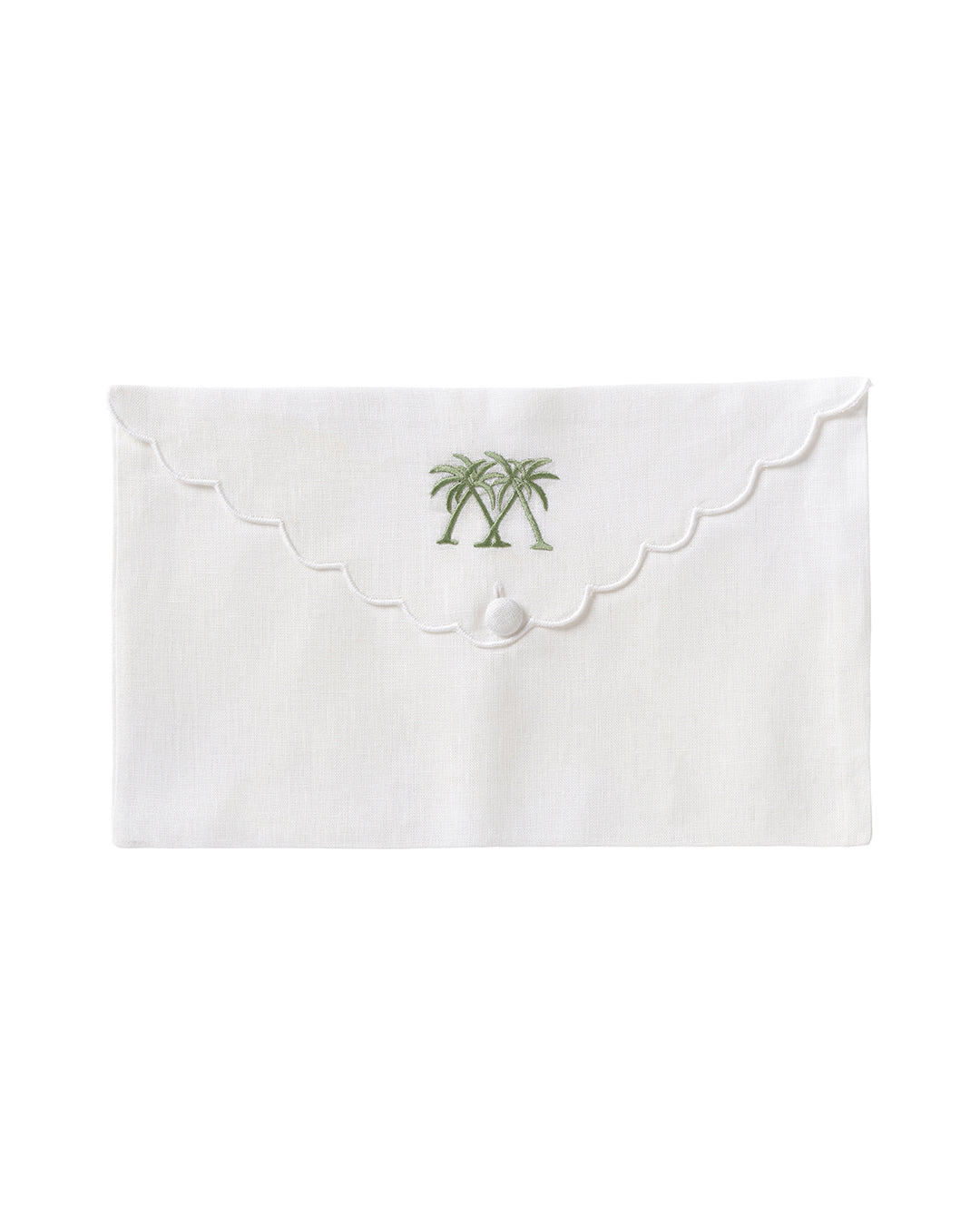 Pure linen envelope gift bag with crossed palms embroidery in green embroidery on White linen
