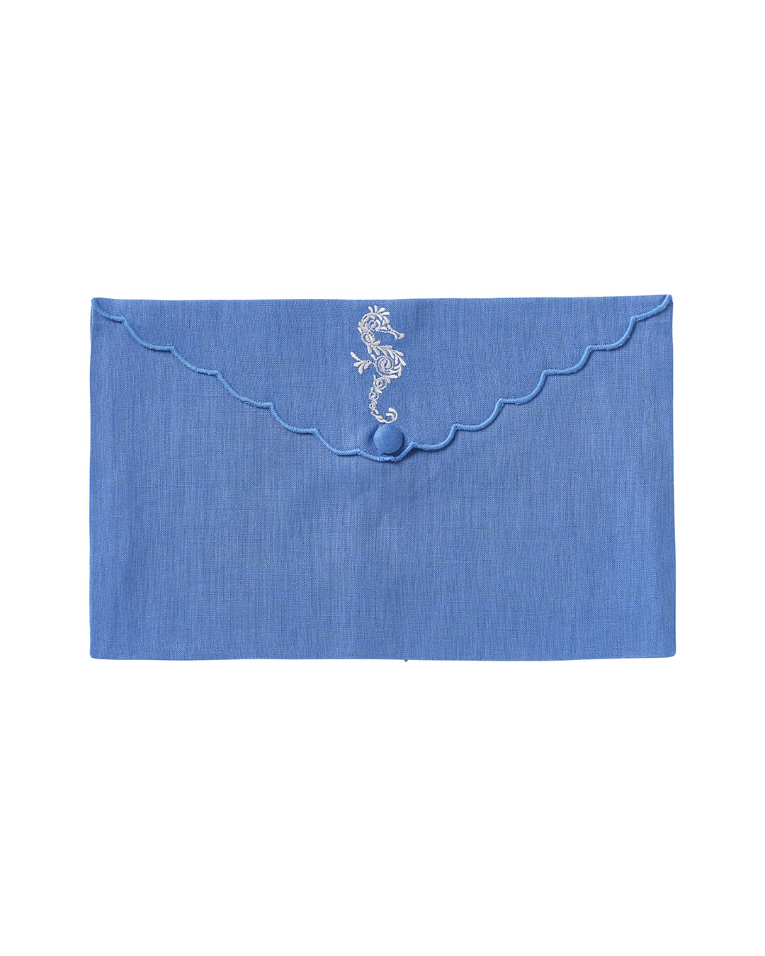 Pure linen envelope gift bag with seahorse embroidery in white embroidery on Blue linen