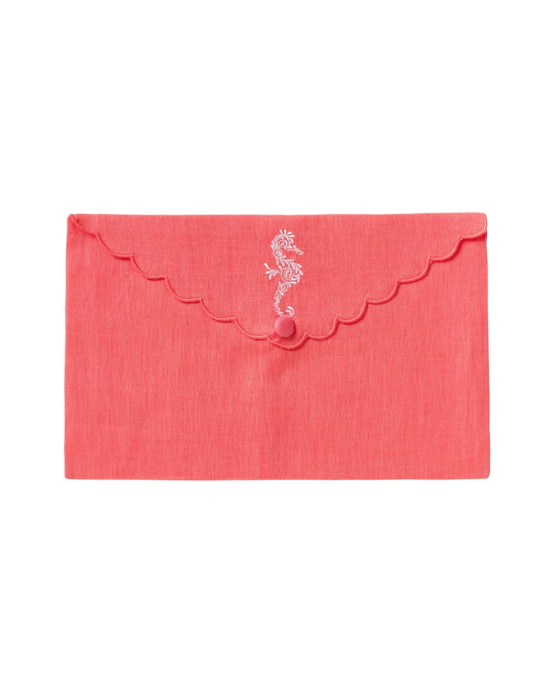 Pure linen envelope gift bag with seahorse embroidery in white embroidery on Coral pink linen