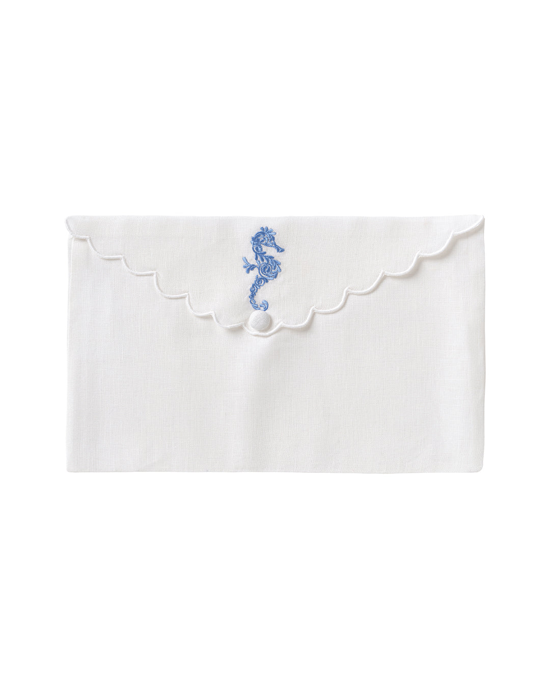 Pure linen envelope gift bag with seahorse embroidery in azure blue embroidery on White linen