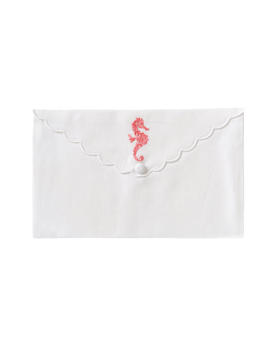 Pure linen envelope gift bag with seahorse embroidery in coral pink embroidery on White linen