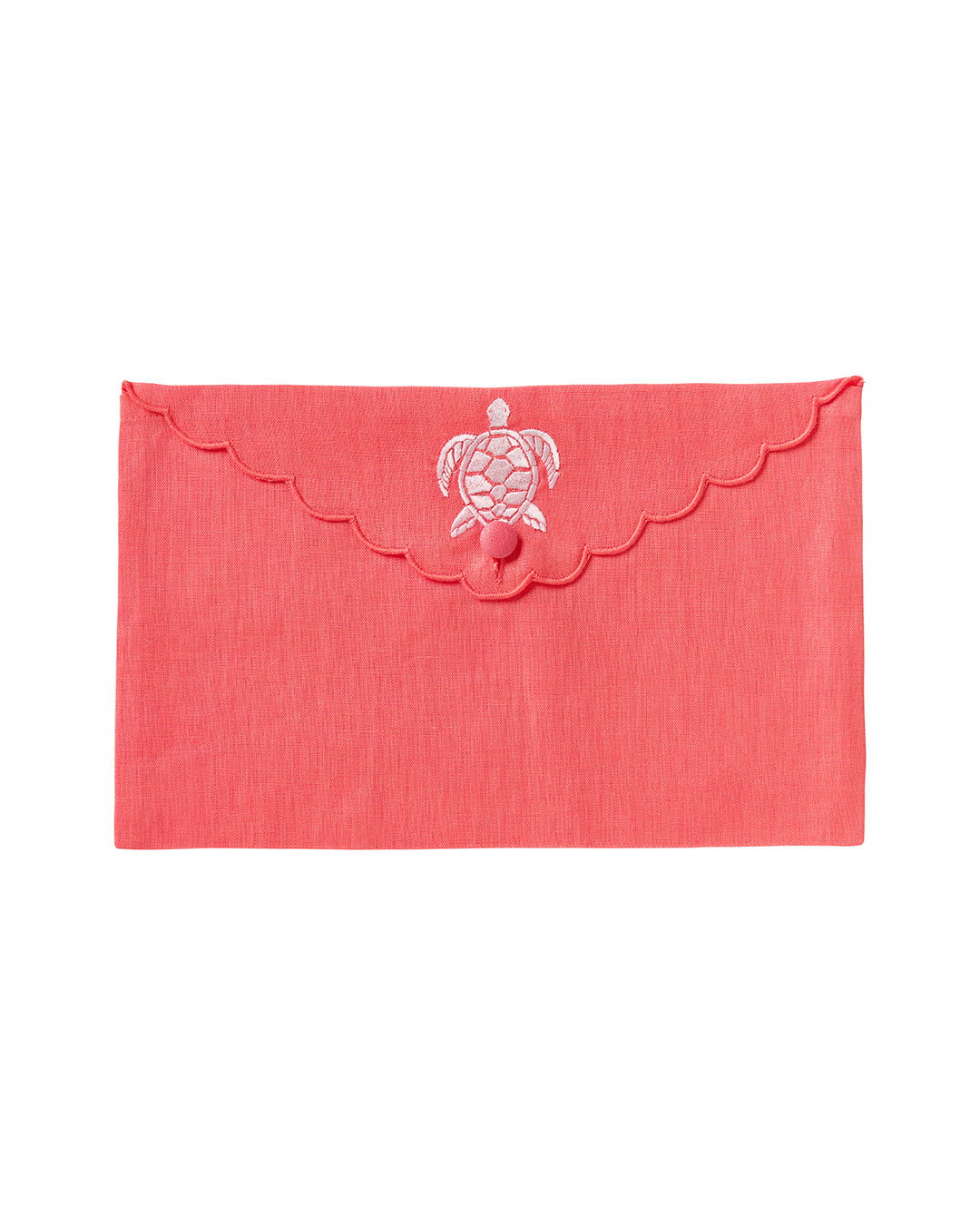 Pure linen envelope gift bag with turtle embroidery in white embroidery on Coral pink linen