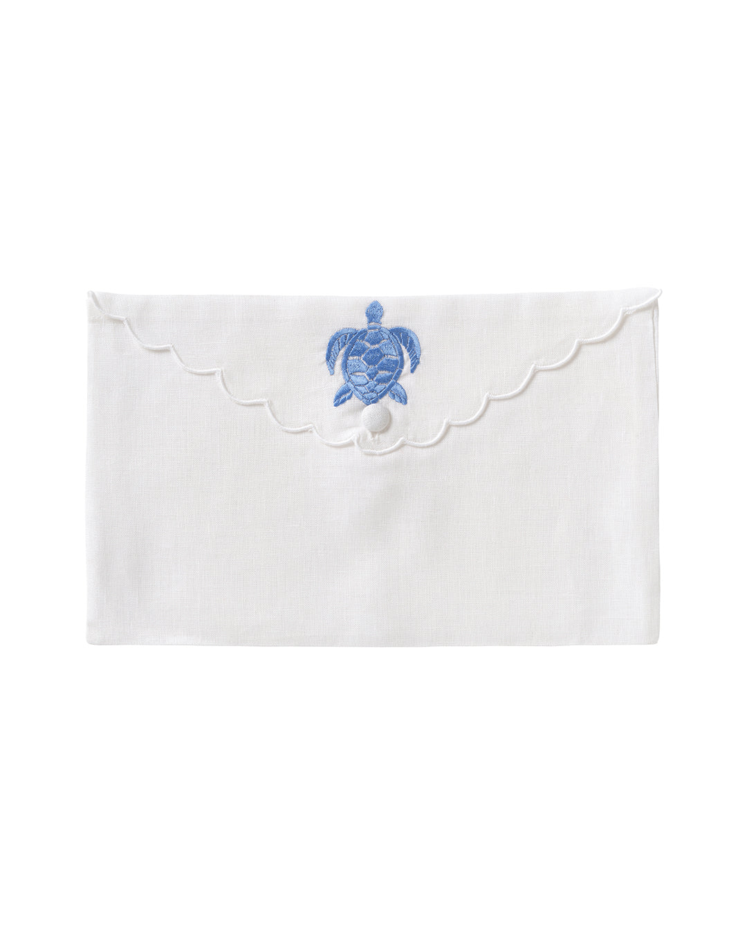Pure linen envelope gift bag with turtle embroidery in azure blue embroidery on White linen