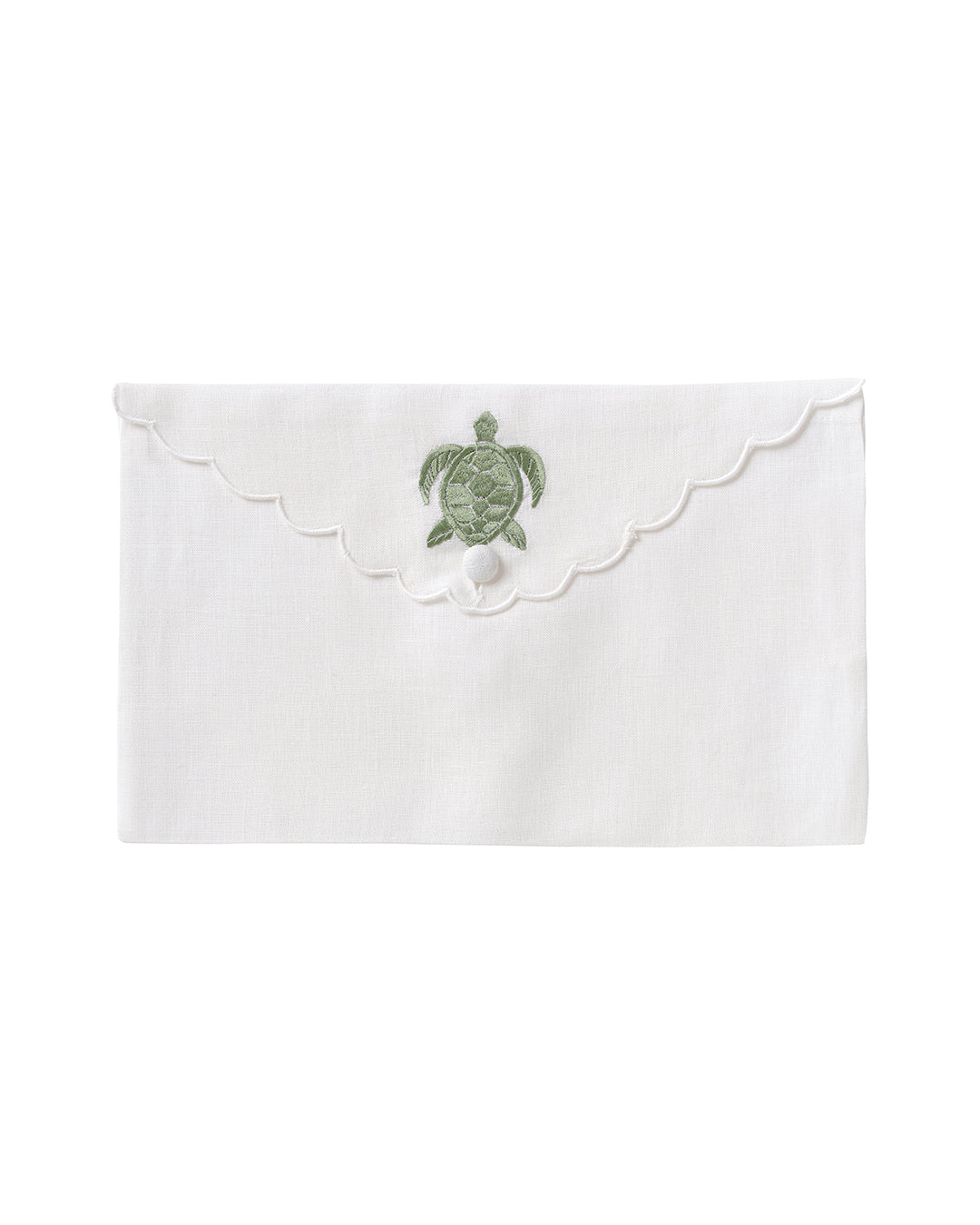 Pure linen envelope gift bag with turtle embroidery in green embroidery on White linen