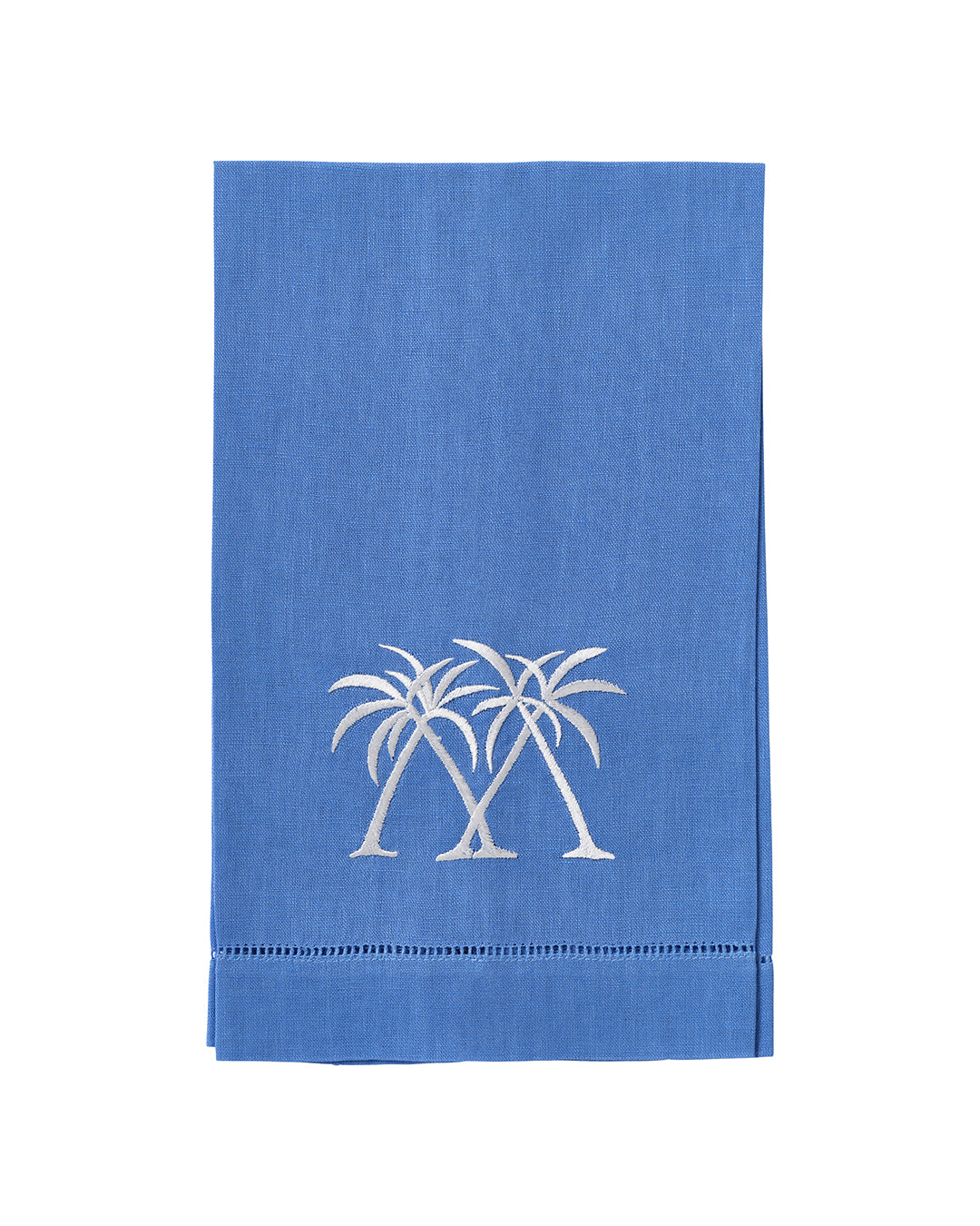 Blue linen hand towel with white crossed palm embroidery, pure linen tropical guest towel, island home bathroom linen