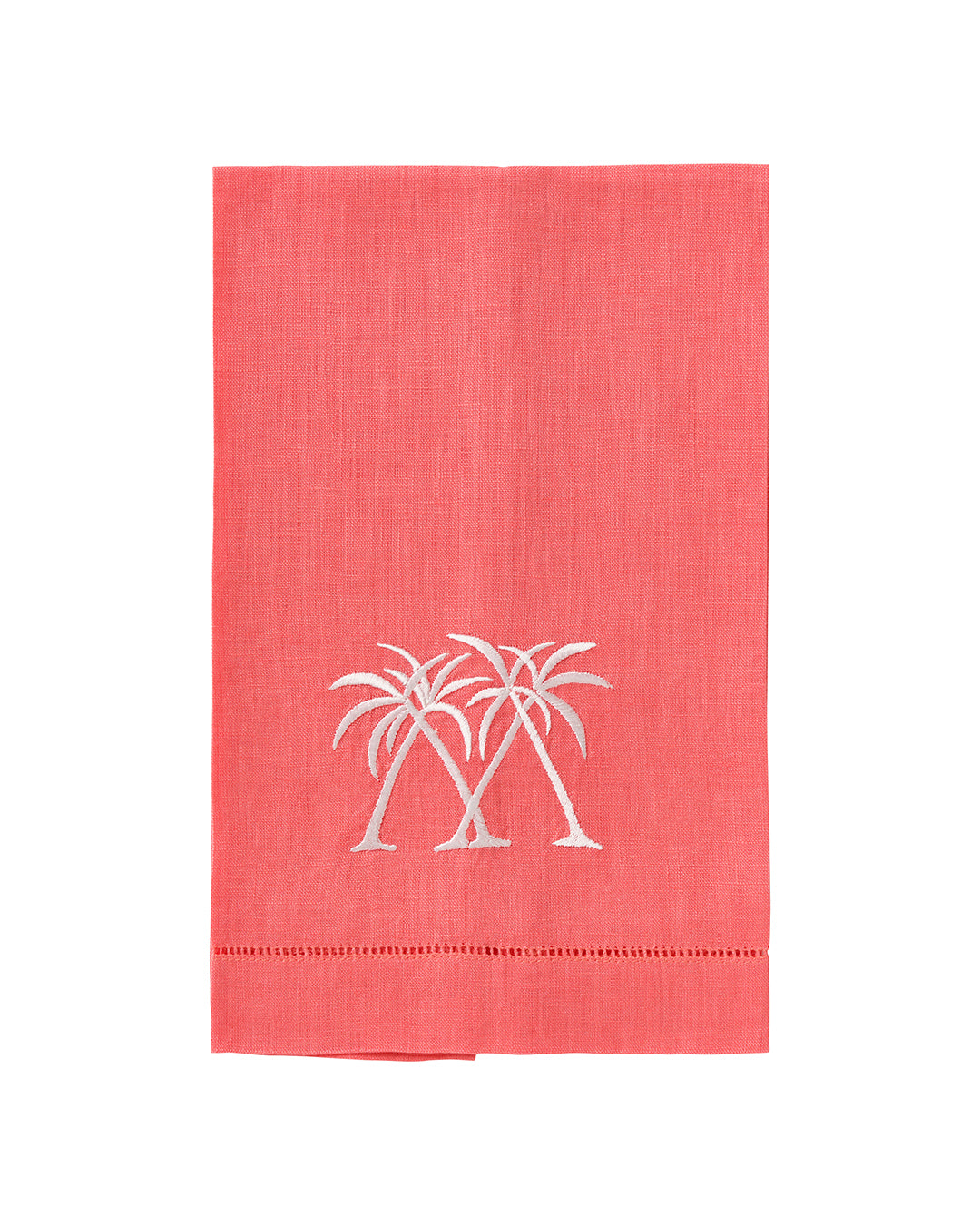 Coral pink linen hand towel with white palm embroidery, luxury pure linen guest towel for tropical island bathrooms