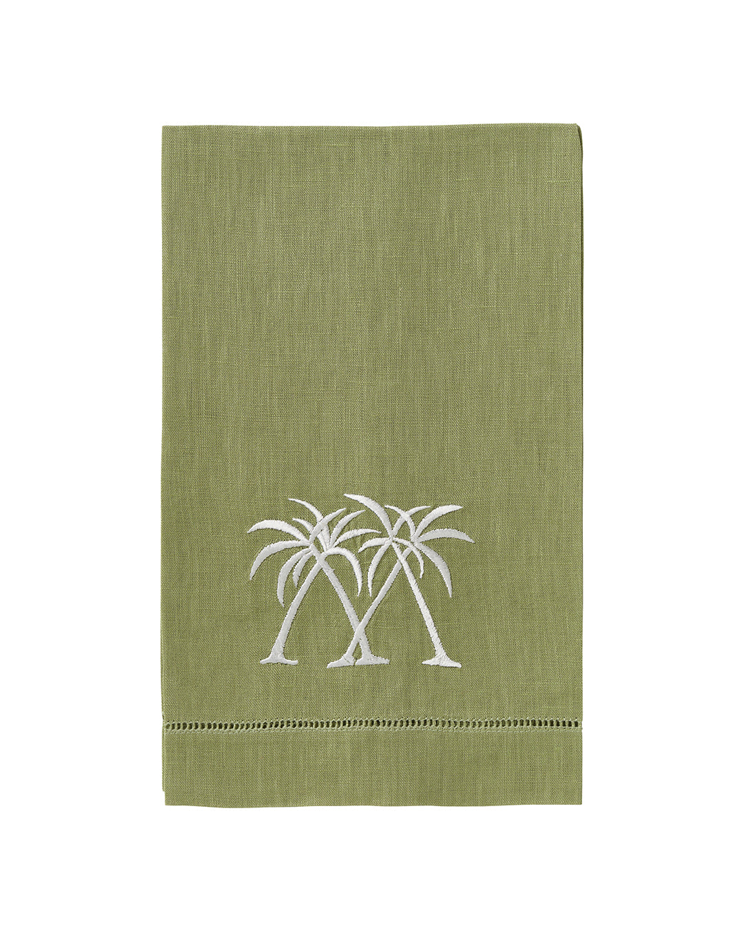 Sage green linen hand towel with white palm tree embroidery, embroidered pure linen bathroom or guest towel