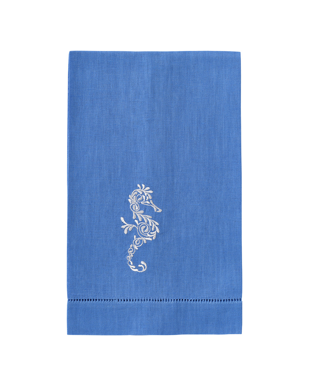 Pure linen guest towel in blue with white seahorse embroidery – luxury coastal embroidered bathroom or kitchen accessory