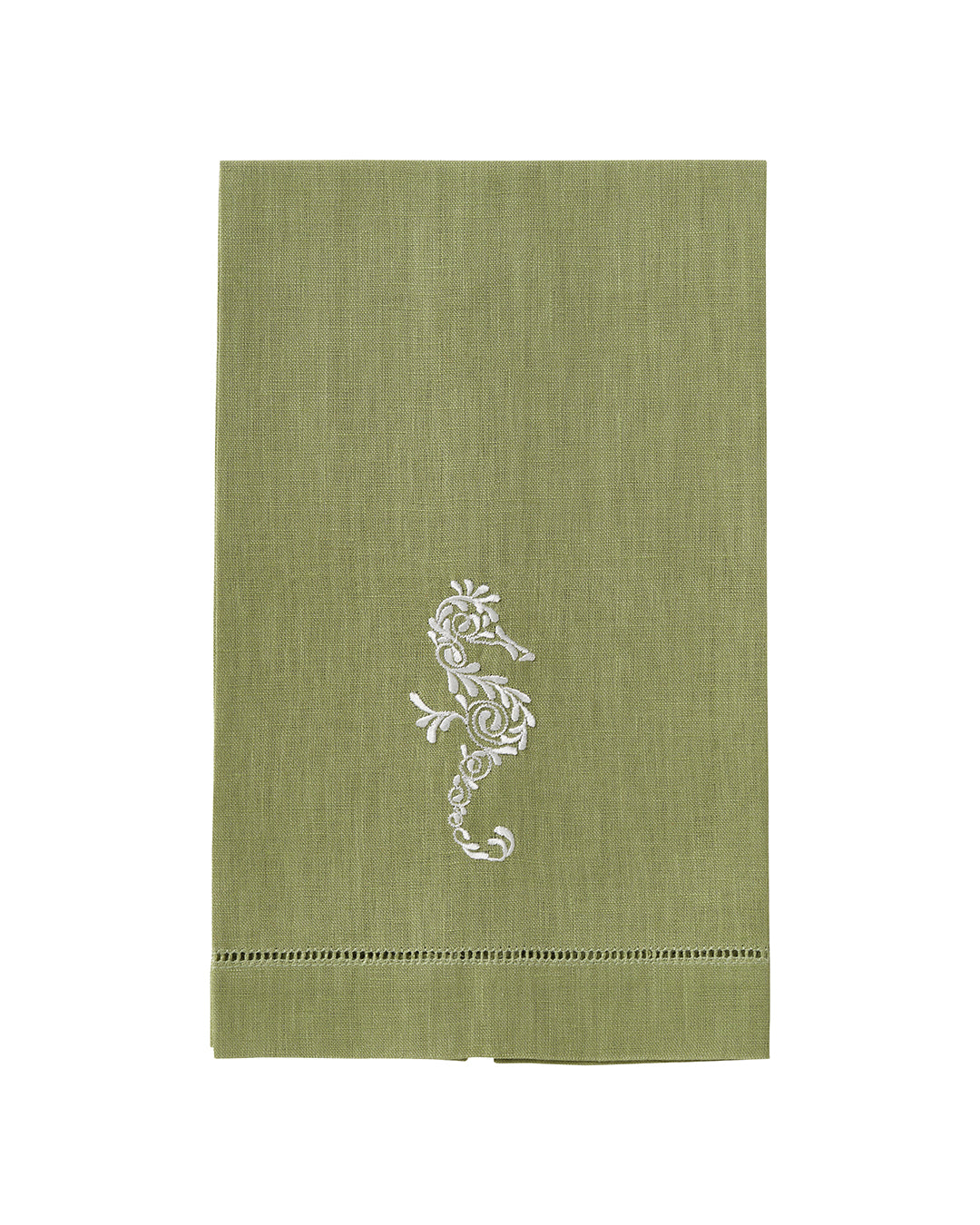 Sage green linen guest towel with white seahorse embroidery – luxury linen hand towel for bathroom or beach house
