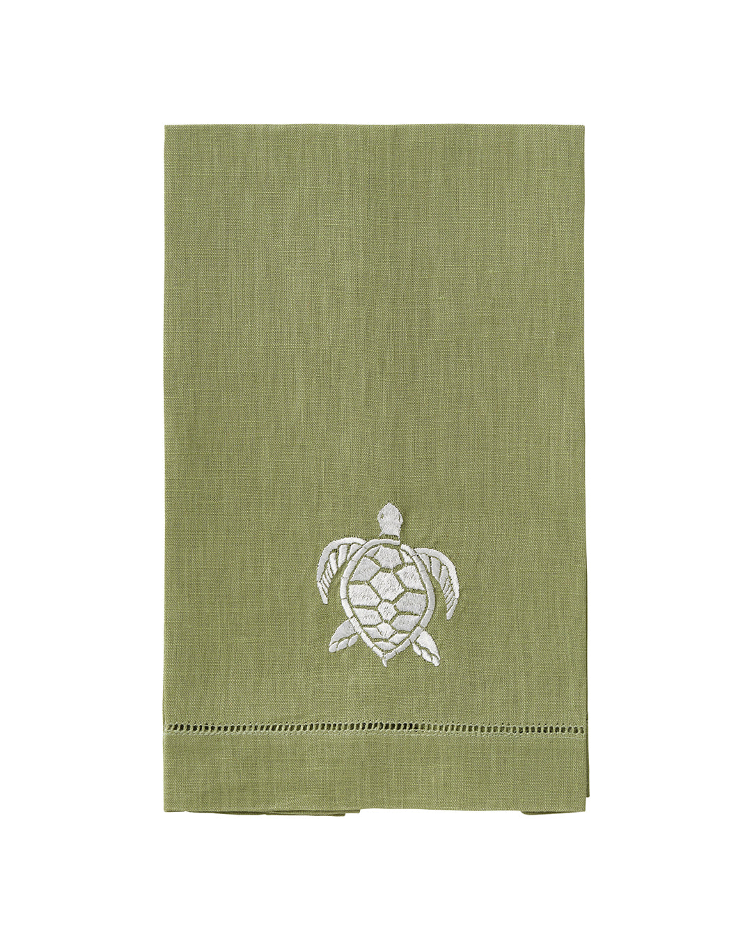 Sage green linen hand towel with white turtle embroidery – eco-luxe coastal bathroom or beach house accessory