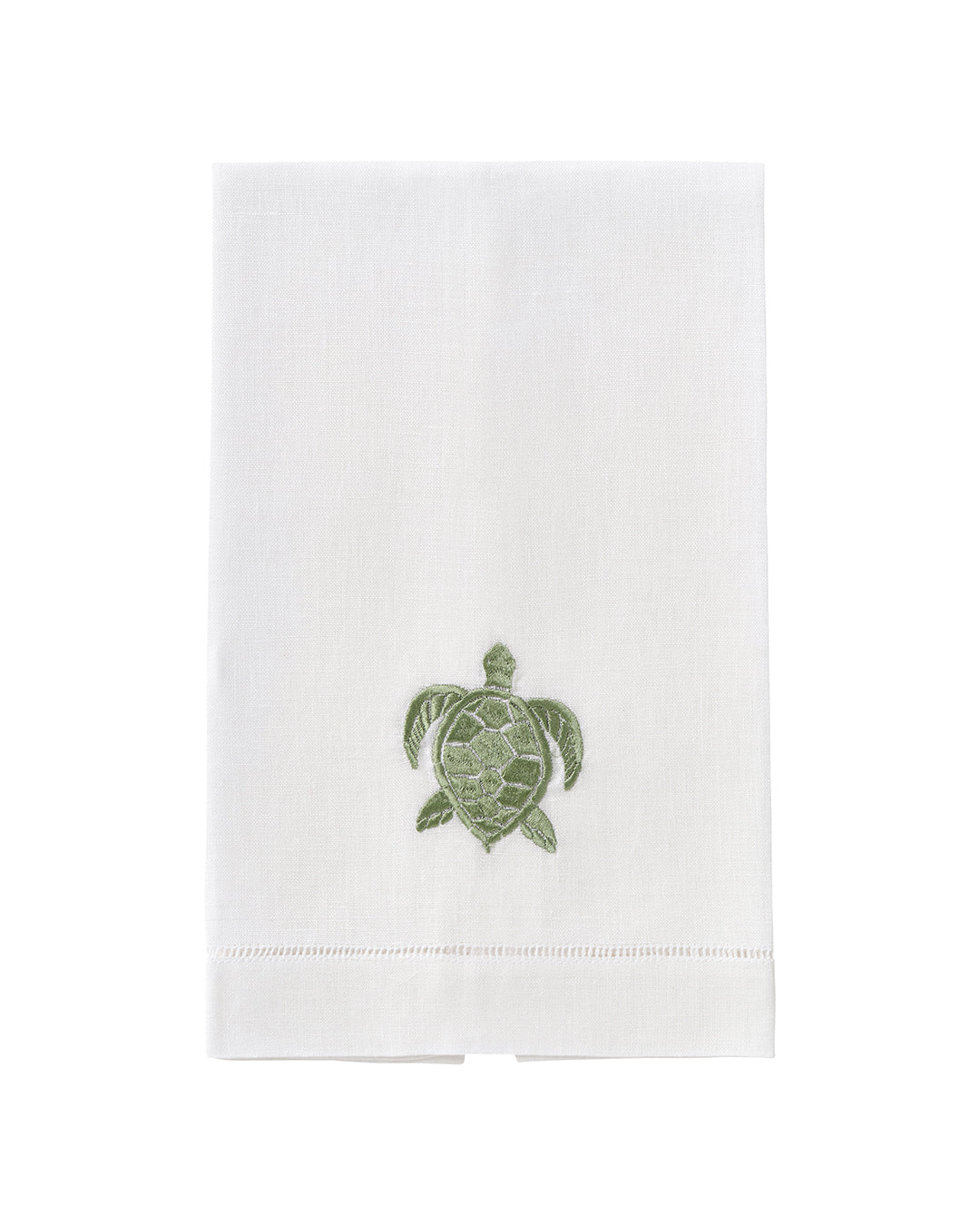 White linen hand towel with green turtle embroidery – nature-inspired coastal bathroom or luxury guest towel