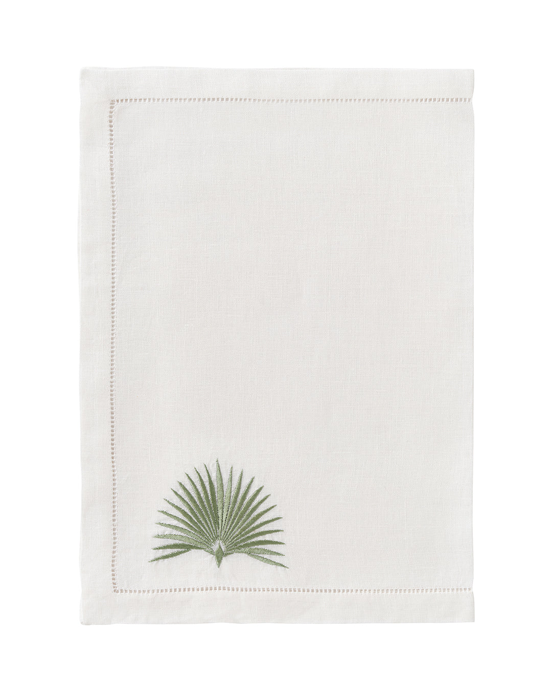 White linen placemat with green fan palm leaf embroidery – embroidered tropical table linen by Pink House Mustique