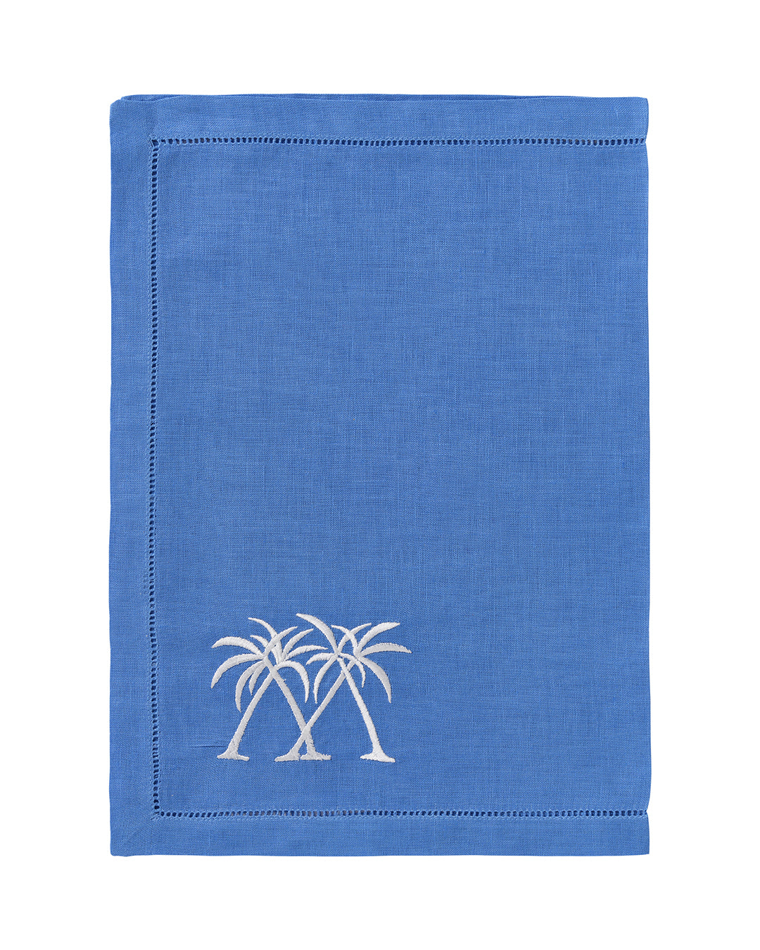 Luxury blue linen placemat with white palm tree embroidery – Pink House Mustique pure linen tropical table setting